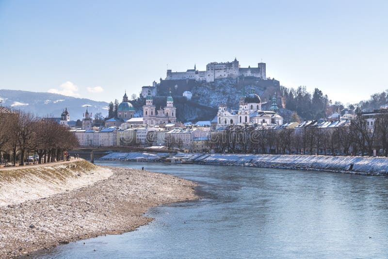 City of Salzburg and Snow River Bank of Salzach, Winter Time Stock ...