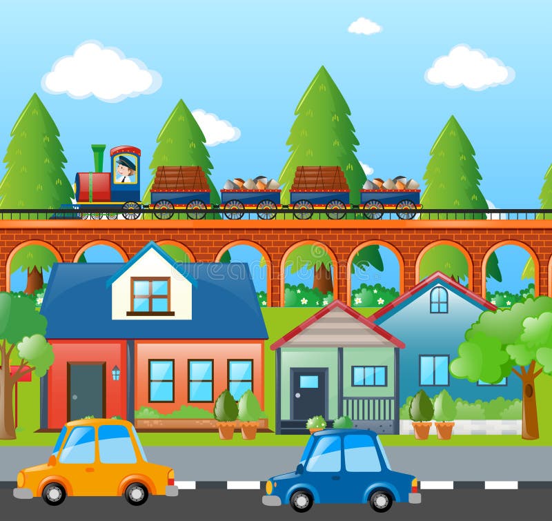 City Scene with Cars and Train Stock Vector Illustration of outdoor, transportation 86440511