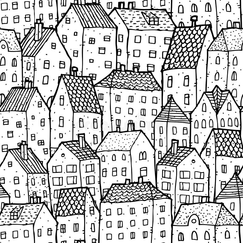 City seamless pattern in balck and white is repetitive texture with hand drawn houses. Illustration is in eps8 mode.