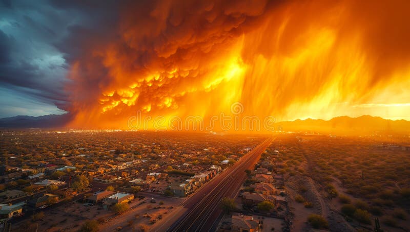 A city is shown with a large orange cloud in the sky stock image