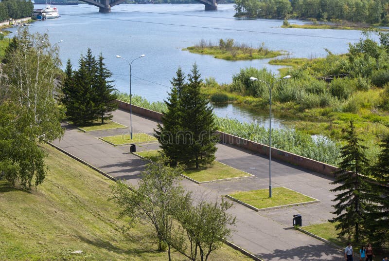 City sidewalk at river coast