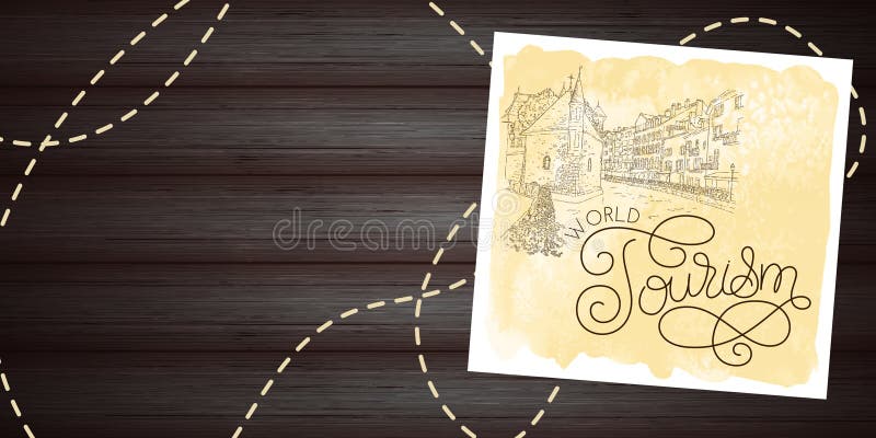 City sketching. Line art silhouette. Travel card on wood background. World tourism lettering. France, Annecy. Vector illustration stock image City sketching. Line art silhouette. Travel card on wood background. World tourism lettering. France, Annecy. Vector illustration stock image