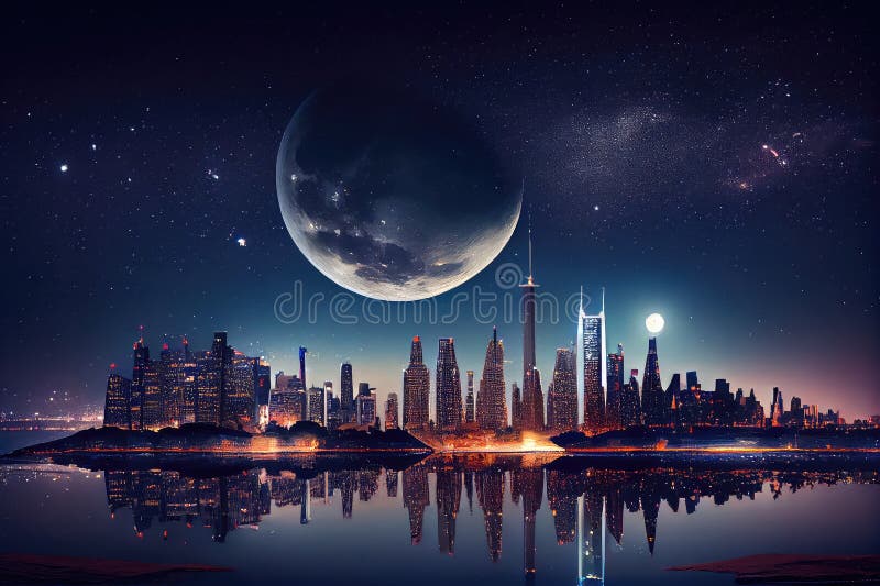 City Skyline at Night, with the Moon and Stars Shining Overhead Stock ...