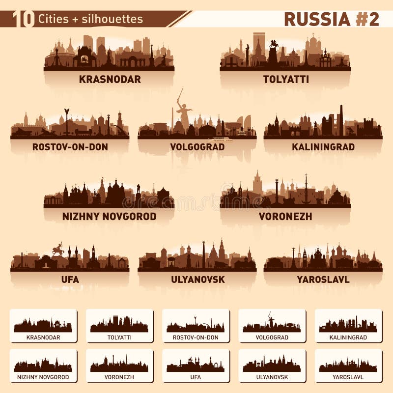 City skyline set. 10 vector silhouettes of Russia 2