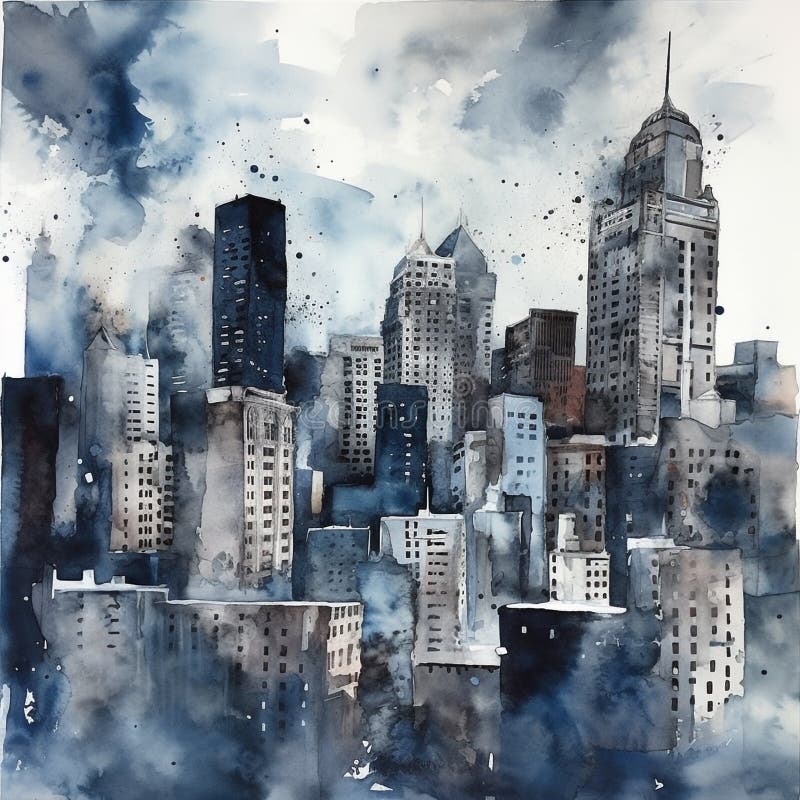 City Skyline Watercolor Illustration Stock Illustration - Illustration ...