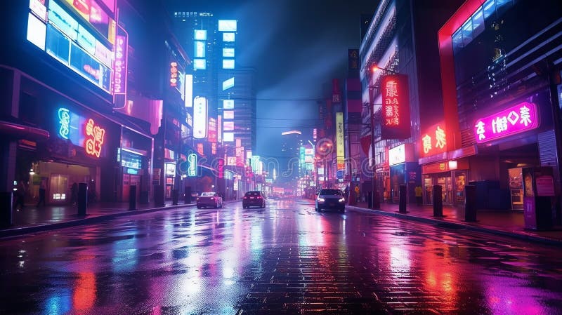 City Street at Night City at Night City Night Generative AI Stock
