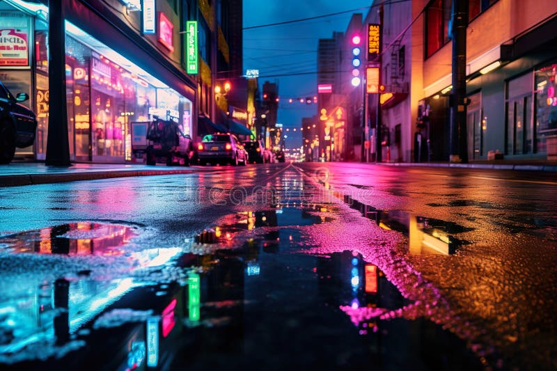 A City Street at Night with a Puddle of Water. Generative AI Image ...