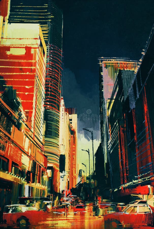 City street with office buildings,illustration