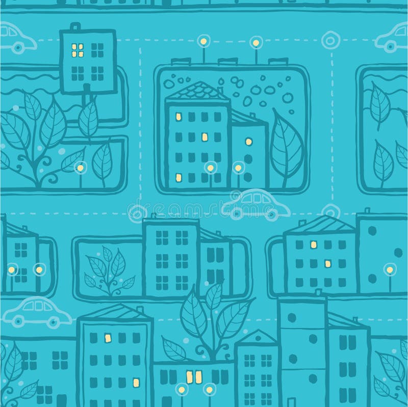 Vector city streets seamless pattern background with hand drawn elements
