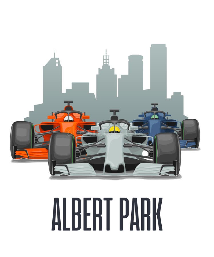 Cityline Melbourne and three racing cars on Grand Prix Australia. vector illustration Cityline Melbourne and three racing cars on Grand Prix Australia. vector illustration
