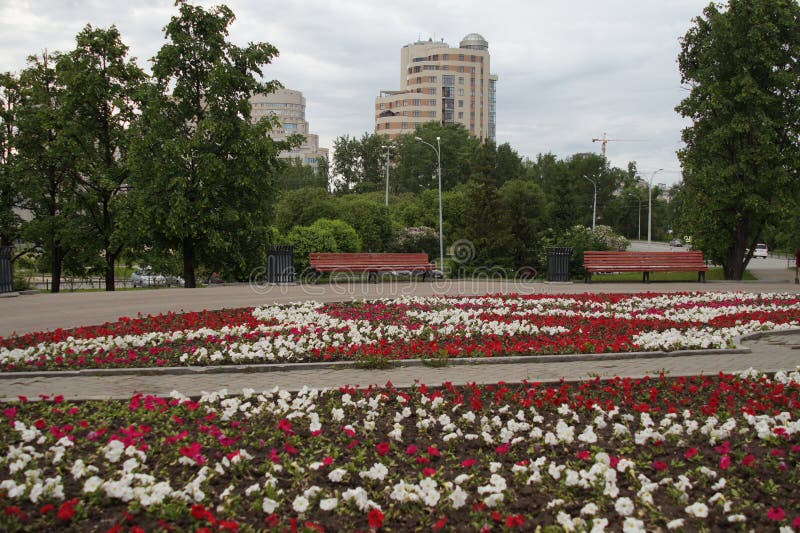 Cityscape. Alley in the park on Tolmacheva street in Yekaterinburg. Flowerbed. Petunias royalty free stock photos Cityscape. Alley in the park on Tolmacheva street in Yekaterinburg. Flowerbed. Petunias royalty free stock photos
