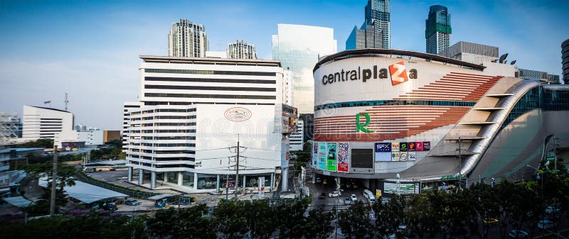 Cityscape background, Central Plaza and Robinson Department Store at Ratchadaphisek Road MCOT Intersection Bangkok Thailand, March 3, 2021