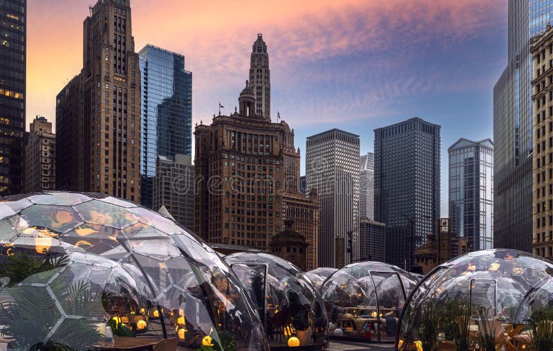 Cityscape of Chicago Riverwalk at Dusable bridge over Michigan rive. R , Chicago city, USA stock photography Cityscape of Chicago Riverwalk at Dusable bridge over Michigan rive. R , Chicago city, USA stock photography