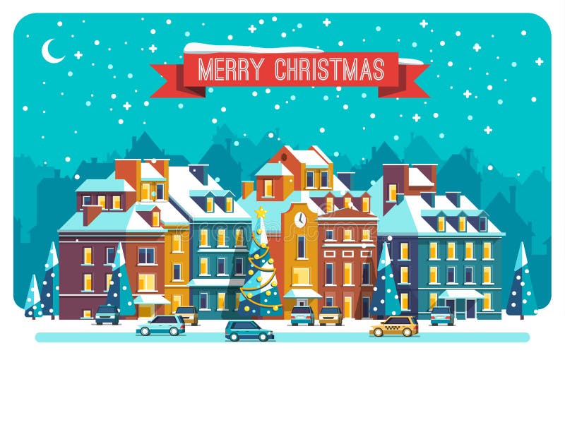 Cityscape. The city in christmas. Urban landscape . Vector flat illustration.