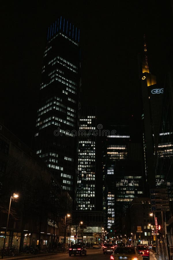Cityscape of Frankfurt am main, Germany. Skyscraper at night lights in financial district. royalty free stock photos Cityscape of Frankfurt am main, Germany. Skyscraper at night lights in financial district. royalty free stock photos