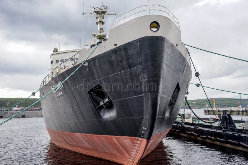 Cityscape with icebreaker Lenin at the pier of the sea station royalty free stock images Cityscape with icebreaker Lenin at the pier of the sea station royalty free stock images
