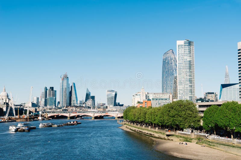 Cityscape of London Over Thames River. Sunny Day with Blue Sky ...