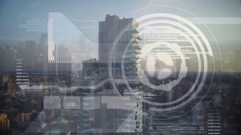 Cityscape med höga byggnader med framtida digital gränssnittsanimering arkivfilmer