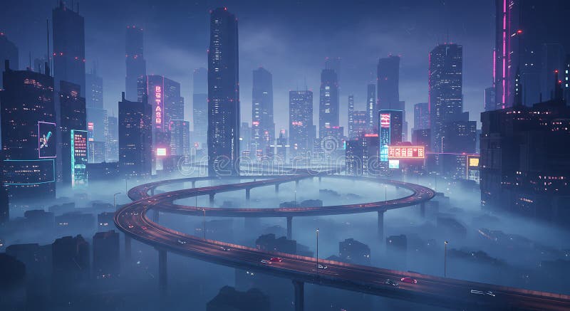 Cityscape med upphöjda vägar i en Foggy Futuristic Urban Scene vektor illustrationer