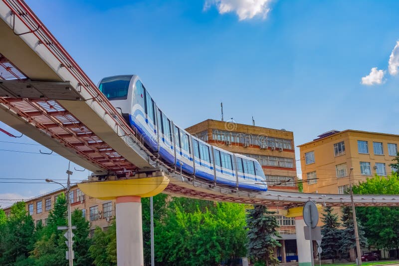 Cityscape of Moscow with monorail train