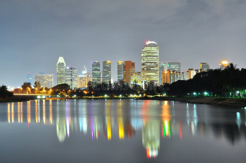 Cityscape by the river at night