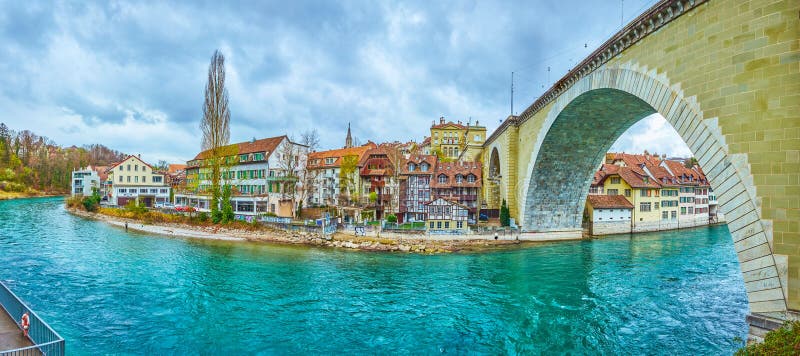 Cityscape of riverside old houses of Mattequartier district in Bern, Switzerland royalty free stock images