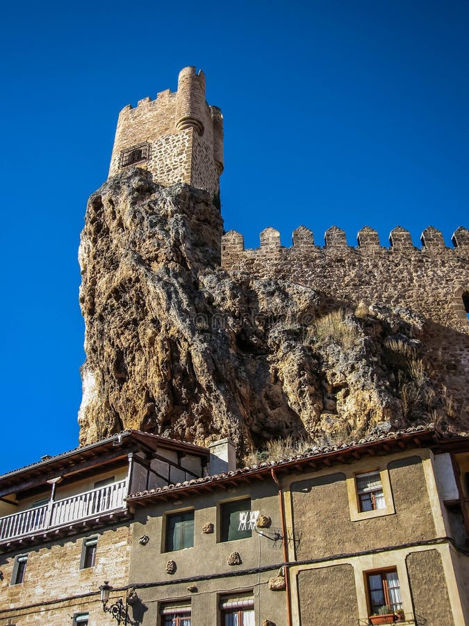 Cityscape with ruined castle in town of Frias in province of Burgos, Castilla y Leon, Spain