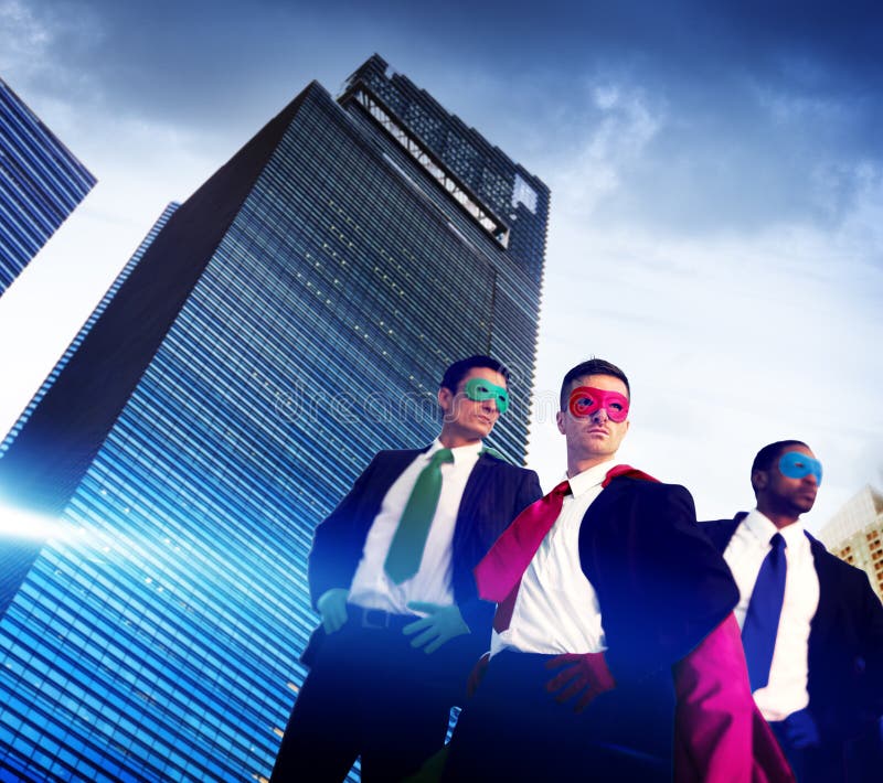 Cityscape Superhero van de Bedrijfsmensensterkte het Concept van Cloudscape stock afbeeldingen Cityscape Superhero van de Bedrijfsmensensterkte het Concept van Cloudscape stock afbeeldingen