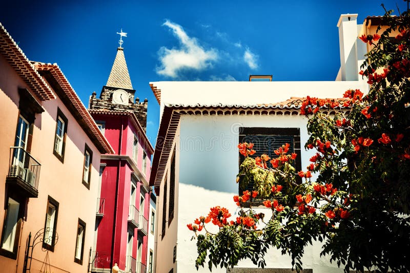 Cityscape van Funchal met hoofdstraathuizen bij zonnige de zomerdag, M royalty-vrije stock afbeelding Cityscape van Funchal met hoofdstraathuizen bij zonnige de zomerdag, M royalty-vrije stock afbeelding
