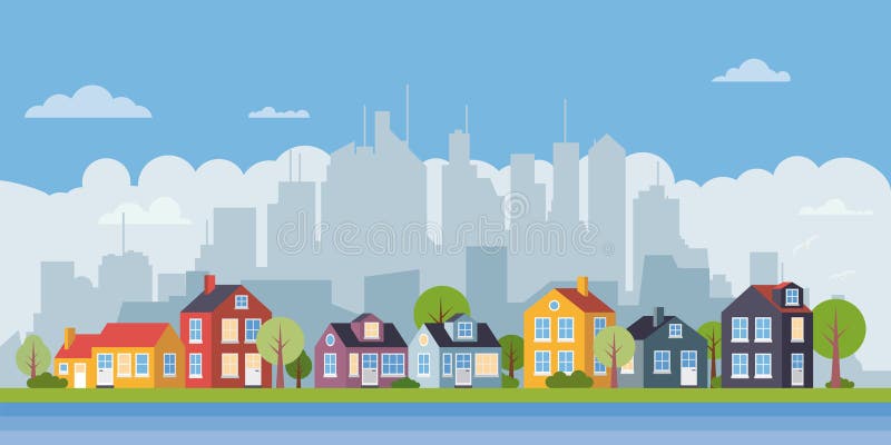 Cityscape van het dorps vlakke ontwerp banner in de voorsteden vector illustratie Cityscape van het dorps vlakke ontwerp banner in de voorsteden vector illustratie