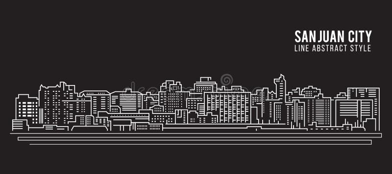 Cityscapebyggnadslinje design för konstvektorillustration - San Juan stad vektor illustrationer Cityscapebyggnadslinje design för konstvektorillustration - San Juan stad vektor illustrationer