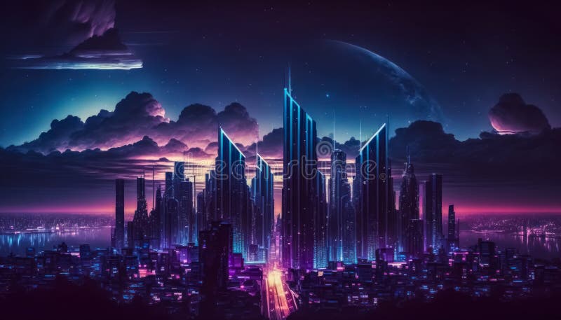 Cityscapes of Future Urban Cities Long Exposures Neon Light Nighttime ...