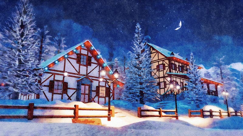 Ciudad alpina sitiada por la nieve en la acuarela de la noche del invierno ilustración del vector Ciudad alpina sitiada por la nieve en la acuarela de la noche del invierno ilustración del vector