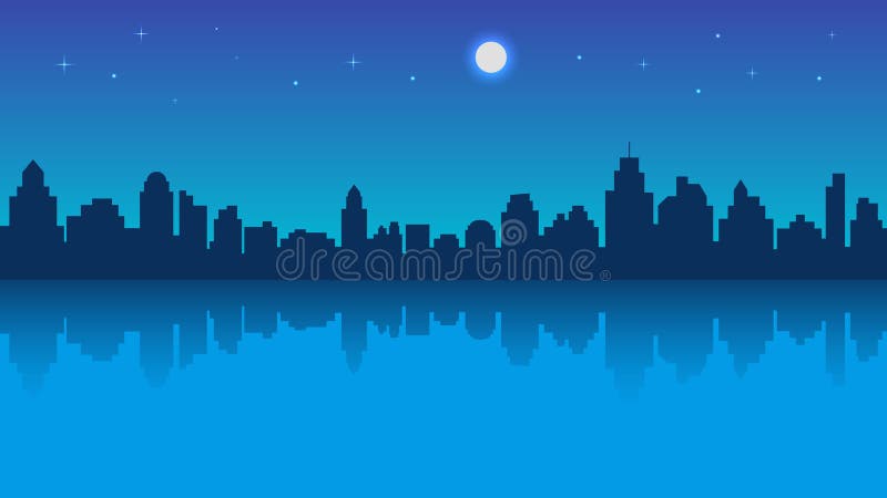 Ciudad de la noche con la reflexión y el cielo estrellado stock de ilustración Ciudad de la noche con la reflexión y el cielo estrellado stock de ilustración