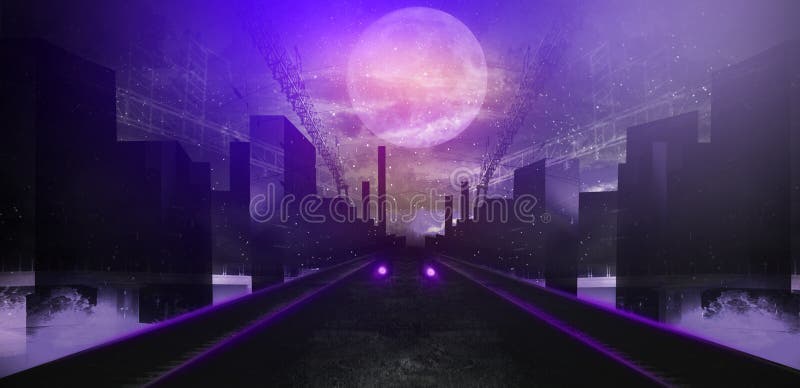 Futuristic night city. Cityscape on a dark background with bright and glowing neon purple and blue lights. Wide highway front view. Cyberpunk and retro wave style illustration. Futuristic night city. Cityscape on a dark background with bright and glowing neon purple and blue lights. Wide highway front view. Cyberpunk and retro wave style illustration.