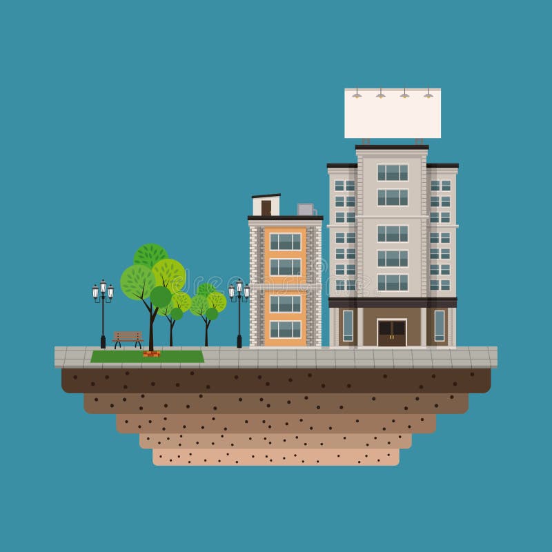 Ciudad del edificio con el fondo urbano en blanco grande del azul de la cartelera stock de ilustración Ciudad del edificio con el fondo urbano en blanco grande del azul de la cartelera stock de ilustración