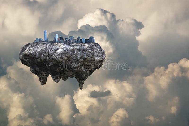 Ciudad flotante futurista, moderna, nubes fotografía de archivo Ciudad flotante futurista, moderna, nubes fotografía de archivo
