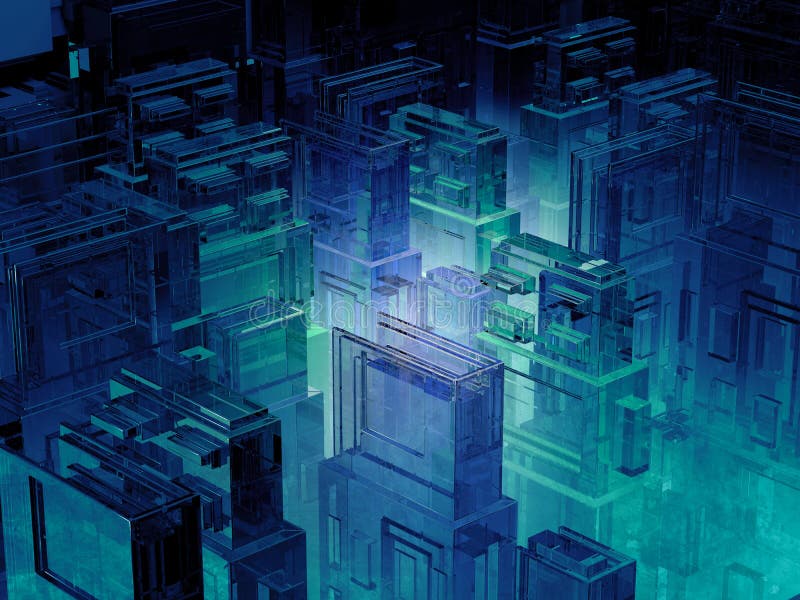 Ciudad futurista de los microprocesadores Fondo de informática de la tecnología de la información Megalópoli de Sci fi ilustració