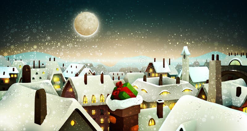 Ciudad pacífica bajo claro de luna en la Nochebuena libre illustration Ciudad pacífica bajo claro de luna en la Nochebuena libre illustration