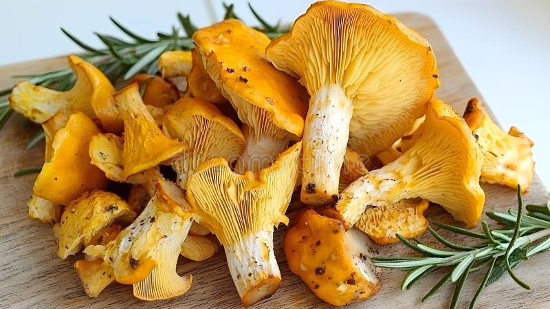 Ciuperci din Golden Chanterelle cu rozmarin pe bază de lemn Gourmet Food AI generate. stock illustration