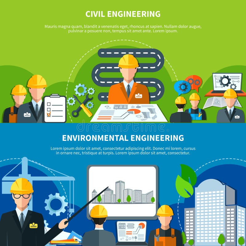 Engineering horizontal banners with flat urban construction eco-friendly image compositions of faceless characters and text vector illustration. Civil engineering line art vectors