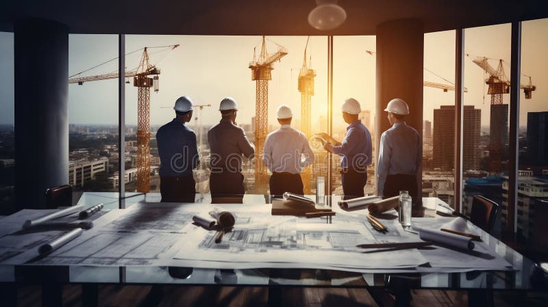 Civil Engineers and Architects Discussing Construction Project at Office. Generative ai vector illustration