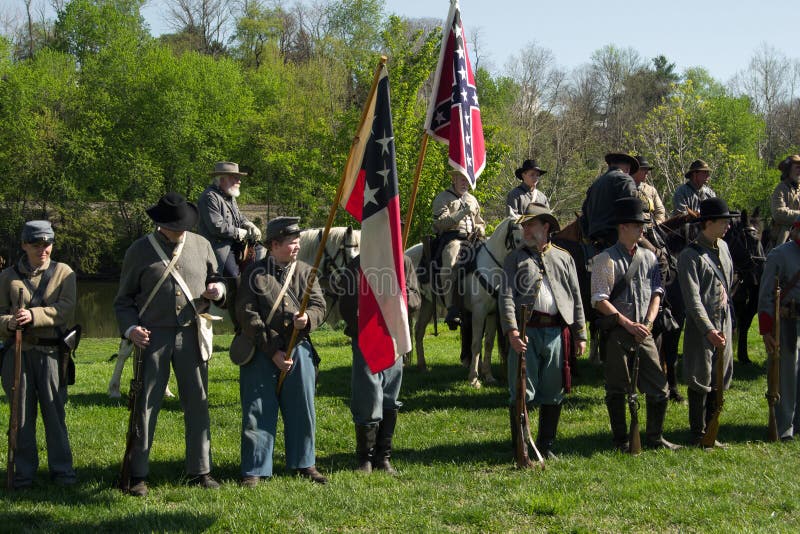 Buchanan, VA - April 26: A civil war re-enactors line-up for opening ceremony at the Buchanan Civil War History Weekend on April 26, 2014, Buchanan, Virginia, USA.