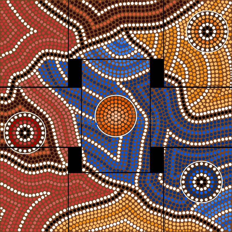 A illustration based on aboriginal style of dot painting depicting civilization. Australian aboriginal border illustrations
