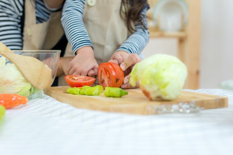 Ciérrese encima de las manos madre y de la muchacha del niño que cocina y que corta verduras en cocina fotografía de archivo Ciérrese encima de las manos madre y de la muchacha del niño que cocina y que corta verduras en cocina fotografía de archivo