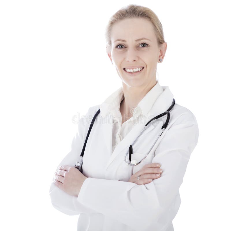 Ciérrese encima del doctor de sexo femenino confiado Isolated en blanco imágenes de archivo libres de regalías Ciérrese encima del doctor de sexo femenino confiado Isolated en blanco imágenes de archivo libres de regalías