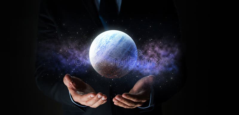 Ciérrese para arriba de hombre de negocios con el holograma del planeta fotografía de archivo Ciérrese para arriba de hombre de negocios con el holograma del planeta fotografía de archivo