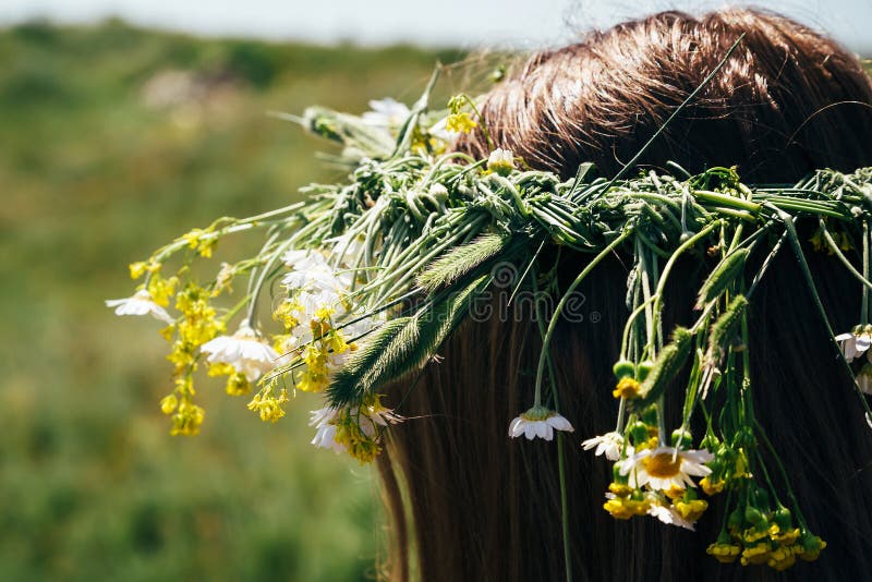Ciérrese para arriba de la guirnalda hecha de flores salvajes, mujer joven del pelo con las flores en su pelo foto de archivo libre de regalías Ciérrese para arriba de la guirnalda hecha de flores salvajes, mujer joven del pelo con las flores en su pelo foto de archivo libre de regalías