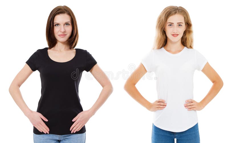 Ciérrese para arriba de mujer en camiseta blanca y negra en blanco Falso para arriba de la camiseta aislada en blanco Muchacha en imagenes de archivo Ciérrese para arriba de mujer en camiseta blanca y negra en blanco Falso para arriba de la camiseta aislada en blanco Muchacha en imagenes de archivo