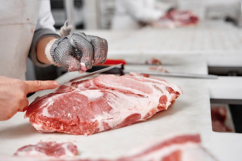Ci?rrese para arriba de pedazos de la carne y de manos del trabajador en cortar de los guantes imagen de archivo libre de regalías Ci?rrese para arriba de pedazos de la carne y de manos del trabajador en cortar de los guantes imagen de archivo libre de regalías